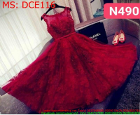 Đầm cô dâu maxi xòe sát nách vải ren màu đỏ sang trọng  DCE116