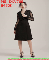 Đầm xòe công sở đen dài tay phối lưới bi thời trang DXV769